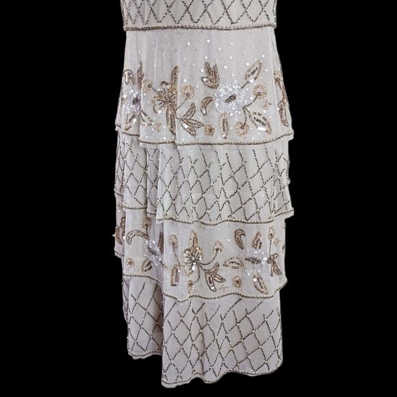 Adrianna Papell Art Deco Beaded Flapper Dress 2 | 20s Gatsby Tier Cocktail Gold - Picture 6 of 13
